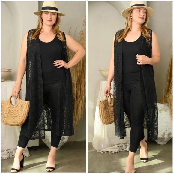 LAST 1❗LuLaRoe Plus Size Boho Chic Black Lace Sleeves Long Cardigan Vest - Picture 2 of 5